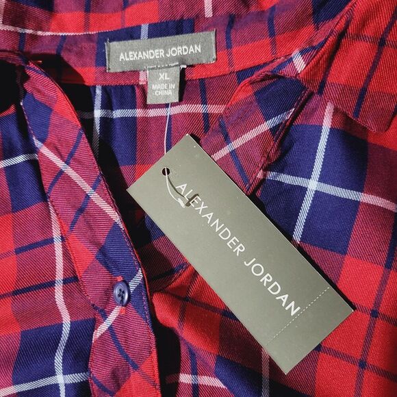 Alexander Jordan Womens XL New Plaid Popover Tunic Top- Flowy Wine/Navy $59 - Picture 5 of 7
